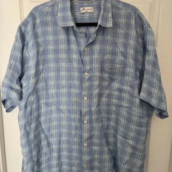 Peter Millar Linen Blue Plaid Shirt - Picture 2 of 6